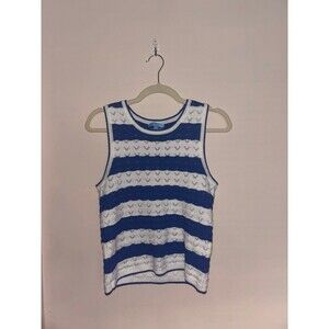 Blue and white striped crochet tank top